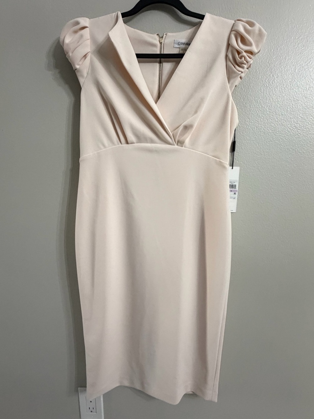 Calvin Klein Soft Blush V-Neck Midi Dress with Ruched Cap Sleeves